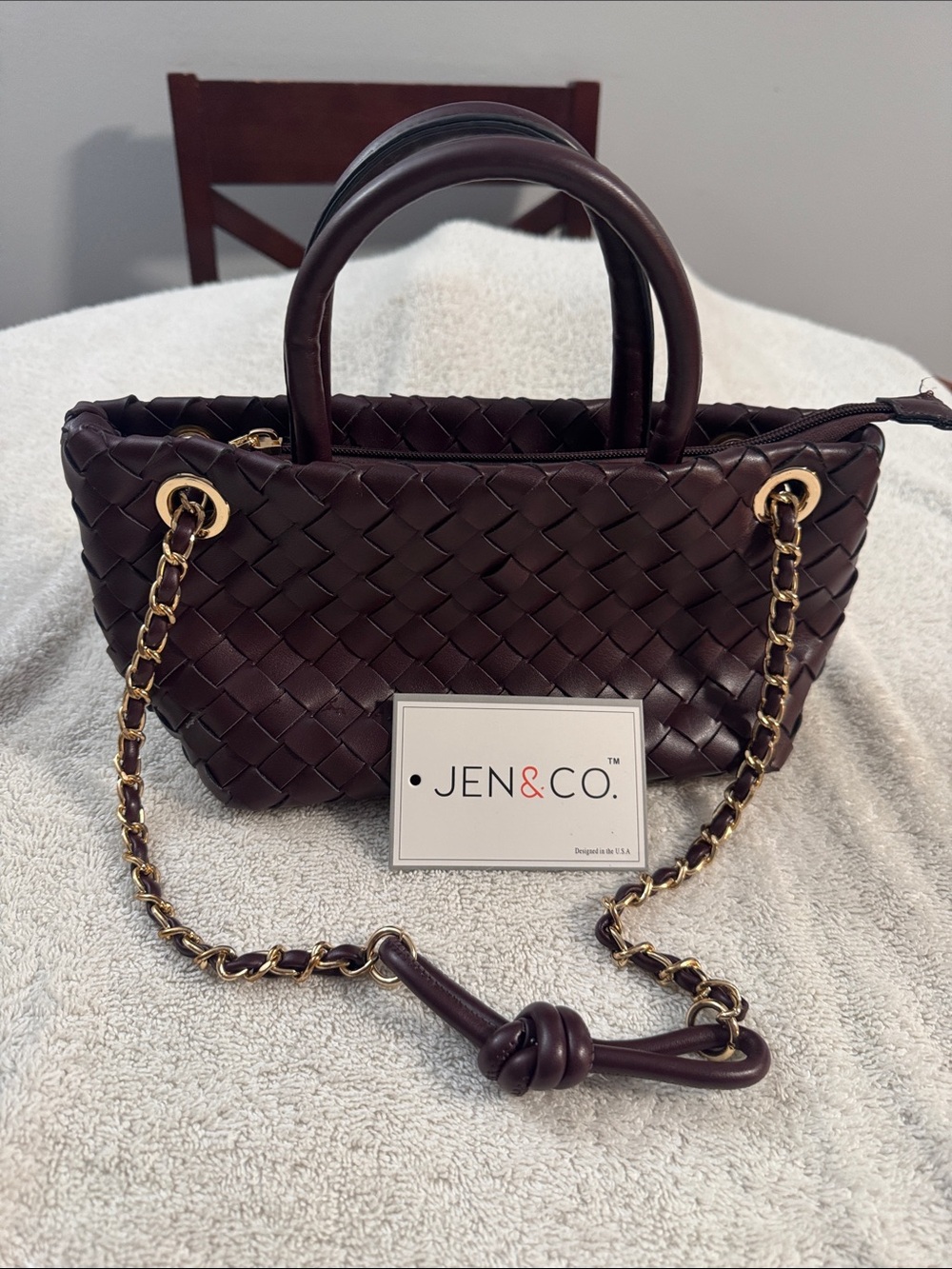 Woven Vegan Burgundy Top-Handle Bag